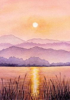 a painting of the sun setting over water with mountains and grass in the foreground