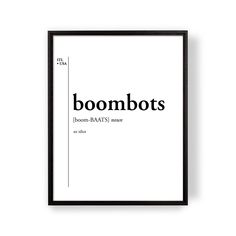 a black and white poster with the words boombots on it, against a white background