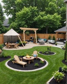 a backyard with lawn, fire pit and seating area