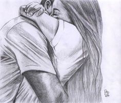 a pencil drawing of a man and woman kissing each other with their foreheads touching