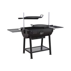 an outdoor bbq grill is shown with the lid open and two trays on top