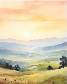 a painting of the sun setting over a mountain range with grass and flowers on it