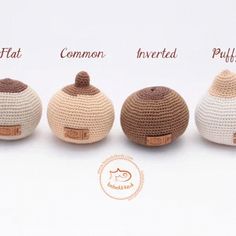 four crocheted balls are shown in different colors and sizes, with the names written below them