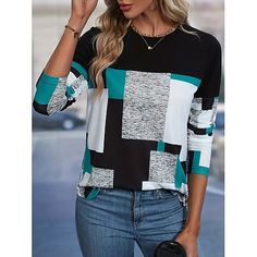 Category:Long Sleeve T-shirt; Season:Spring,Fall; Fabric:Polyester; Sleeve Length:Long Sleeve; Look After Me:Machine wash,Washable,Wet and Dry Cleaning; Gender:Women's; Style:Stylish; Elasticity:Micro-elastic; Tops Type:Tunic; Occasion:Daily; Top Length:Regular Tops; Fit Type:Regular Fit; Pattern:Striped,Color Block; Design:Print; Neckline:Crew Neck; Brand:Shall We; Listing Date:07/05/2024; Bust:null; Length:null; Sleeve:null; Fit US Size:null; Fit UK Size:null; Fit EU Size:null Curved Hem Top, Elegante Casual, Long Sleeve Tops Casual, Black Jersey, Plus Size Kleidung, Long Sleeve Knit Tops, Women Hoodies Sweatshirts, Fashion Mode, Womens Tunics