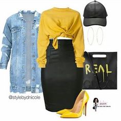 Yellow Outfit, Style Outfits, Outfits Casuales, Look Fashion, Classy Outfits, Autumn Winter Fashion, Jean Jacket, Chic Outfits, Casual Chic