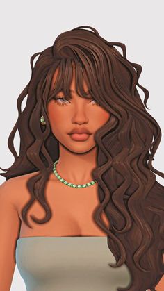 an animated woman with long brown hair and green beads on her neck, wearing a strapless top