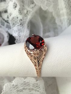 natural red garnet solitaire ring with swirl antique floral rose gold filigree Victorian Rose Gold Ruby Ring, Rose Gold Filigree Ring With Intricate Design, Classic Rose Gold Filigree Ring For Wedding, Classic Rose Gold Ruby Ring, Rose Gold Filigree Ring Gift, Rose Gold Filigree Promise Ring, Victorian Rose Gold Ruby Ring For Anniversary, Classic Rose Gold Rings With Intricate Design, Victorian Rose Gold Filigree Ring With Intricate Design