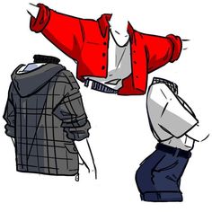 three different types of clothing are shown in this drawing style, one is red and the other is blue