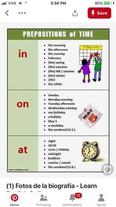 a screenshot of the prepositions of time in english and spanish for kids