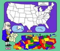 a cartoon map of the united states with an image of a man looking at it