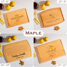 four pictures showing the names of maple, lemons and honey on wooden cutting boards