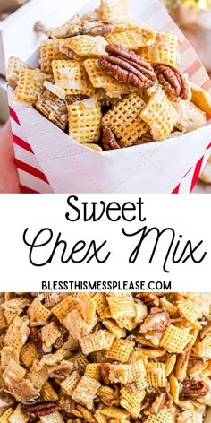 Sticky and sweet Chex mix that's perfect for the holidays! Made with Chex cereal, nuts, coconut, and an easy syrup you make on the stove and pour over the cereal. You'll love this easy no-bake Christmas treat. Salty Chex Mix, Chex Mix Recipes Sweet, Sweet Chex Mix, Sweet Chex, Puppy Chow Chex Mix Recipe, Chex Mix Christmas, Chex Mix Puppy Chow, Chex Mix Recipes, Snack Mix Recipes