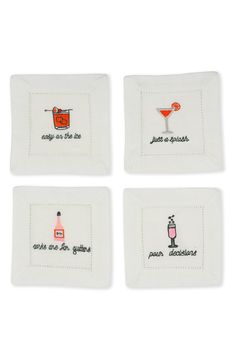 four napkins with embroidered designs on them, one has a drink and the other has a