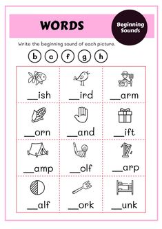 the beginning sounds worksheet with words and pictures to help kids learn how to read