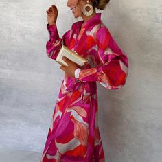 Elegant Deep V-neck Print Split Long Dress Women Casual Long Sleeve Commute Party Dress 2024 Fashion Chic A-line Maxi Dress For Party Season, Chic V-neck Long Sleeve Party Dress, Fall Party Long Sleeve Maxi Dress, Chic Pink Midi V-neck Dress, Chic Multicolor V-neck Midi Dress, Spring Cocktail V-neck Long Sleeve Dress, V-neck Long Sleeve Dress For Summer Evening, Party Maxi Dress With Surplice Neckline, Spring Multicolor Maxi Dress For Party