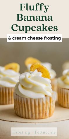 the cover of fluffy banana cupcakes and cream cheese frosting