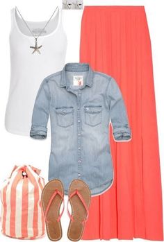 Maxi Skirt + Denim Top Coral Skirt, Jean Shirt, Rock Outfit, Boots Mens, Elegante Casual, Dress Boots, Spring Skirts, Maxi Skirts