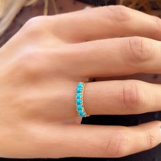 14k Gold Real Turquoise Ring 7 Stones Band Ring December - Etsy Genuine Turquoise Jewelry, Turquoise Wedding Band, Tiny Diamond Ring, Birthstone Band, Turquoise Stone Jewelry, Real Turquoise, Genuine Turquoise, Emerald Jewelry, Vintage Turquoise