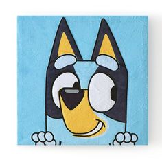 a painting of a cartoon dog on a blue background with black, white and yellow accents