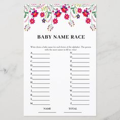 a baby name game with flowers on it