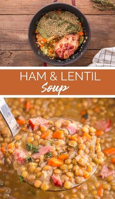 ham and lentil soup in a skillet with a spoon full of beans, carrots and herbs