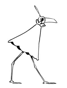 a black and white drawing of a bird with a long beak, wearing a cape