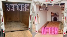 before and after photos of the inside of a moving truck with christmas decorations on the floor