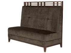 an upholstered couch with wooden legs and headboard