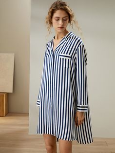 Feel the auxiliary freedom provided by relaxed-fit sleepshirt combined with the utmost comfort of premium silk. Designed with blue stripes, button-up style, side pocket, notched collar and cuffs, this night shirt represents the essence of effortless elegance. Silk Duvet Cover, Silk Pajamas Women, Silk Bedding Set, Camisole Set, Striped Midi Skirt, Silk Charmeuse, Effortless Elegance, Sleep Shirt, Knitwear Tops