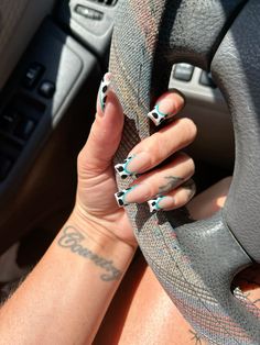 Cow print with turquoise How To Do Cow Print Nails, Cow Fall Nails, Blue Cowprint Nails, Western Turquoise Nails, 90s Aesthetic Nails, Nfr Nails Designs, Cow Print French Tips, Turquoise Western Nails, Western Nails Simple