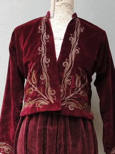 This is a gorgeous example of a beautiful embroidered gold gilt wedding shalwar and jacket set. early 20th Century from the Turkish Ottoman Empire. Beautiful deep red velvet embroidered with gold gilt. The precision workmanship of the hand embroidered gold gilt metallic thread is exquisite traditional Ottoman Empire craftsmanship. This unique and rare garment is in great state considering its age. There are some stains that did not go away with dry cleaning, but it is clean and has no smell, tea Embroidered Ottoman, Deep Red Velvet, Traditional Ottoman, Ancient Dress, Turkish Ottoman, Red Vest, Lesson 1, Vintage Gowns, Ottoman Empire