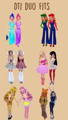 an image of some dolls that are in different positions and sizes, with the words dit duo fits on them