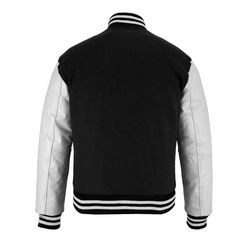 Varsity Letterman Baseball BLACK Wool and White Genuine Leather Sleeves Jacket If your required Size & Color Combination is not listed then please contact with us We will respond you as soon as possible the estimated time is 12 Hours, All Sizes & Color Combinations are Available. The quality of the varsity jacket is the finest in the field. 100% high quality Wool. A fine quilt lining with Wool trimmed inside pocket are all part of the complete package. Each varsity jacket design is faithfully cu Classic Black Varsity Jacket With Padded Collar, Black Varsity Jacket With Padded Collar, Classic Leather Jacket For Winter College Wear, Classic Winter Leather Jacket For College, Sporty Black Leather Jacket For Winter, Classic Black Varsity Jacket For Streetwear, Black Varsity Sport Coat For College, Classic Varsity Jacket For Streetwear, Black Varsity Sport Coat For Streetwear