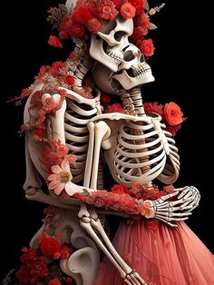 a skeleton with flowers on its head is sitting in front of a black background wearing a red dress