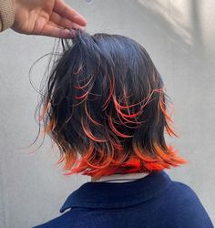 Color Tipped Hair, Layered Dyed Tips, Dip Dyed Bangs, Purple And Orange Hair Short, Fire Dyed Hair, Shine Line Hair Color, Fox Dyed Hair Tips, Silver And Orange Hair, Orange And Pink Highlights