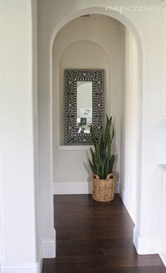 a hallway with a mirror and potted plant