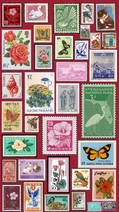 many different postage stamps are arranged on a red surface with flowers and butterflies in them