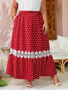 Red and White Casual Collar  Woven Fabric Polka Dot Flared Embellished Slight Stretch  Women Plus Clothing Red White Polka Dot Dress, White And Red Polka Dot Dress, Red Non-stretch Bohemian Skirt, Red Polka Dot Skirt, Non-stretch Red Bohemian Skirt, Ruffle Hem Skirt, Guipure Lace, Hem Skirt, Lace Insert