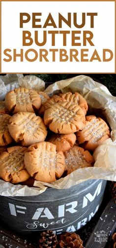 peanut butter shortbread cookies in a bowl with pine cones on the side and text overlay