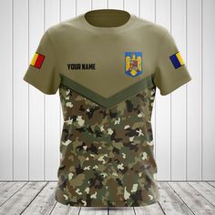 Customize Military Romania Camo Shirts These products are custom-made-to-order and handcrafted to the highest quality standards. Each product is constructed from a premium polyester blend that is ultra-soft and incredibly comfortable. Features a specialty high definition heat-dye application that ensures long lasting color vibrancy even after machine washing. Fabric is durable and resistant to wrinkles, shrinking and mildew. Each product is custom printed, cut and sewn just for you when you plac Customizable Green T-shirt With Sublimation Print, Camo Shirts, Romania, Rocket, High Definition, Wrinkles, Camo, Custom Print, Custom Made