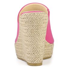 An espadrille wedge adds leg-lengthening height to chic platform mules. Wear yours with everything from dresses to denim. These platform mules feature an open-toe design and an espadrille platform that adds a touch of elegance to any outfit. The vamp is made of PU, the outsole is crafted from TPR, and the heel is made of PVC. These materials ensure durability and comfort for all-day wear. The padded insole provides additional comfort, making these sandals perfect for various occasions such as pa Spring Beach Platform Slippers With Wedge Heel, Pink Espadrille Wedge Sandals For Summer, High Heel Straw Espadrilles For Spring, Spring Pink Wedge Sandals With Woven Sole, Spring High Heel Straw Espadrilles, Summer Pink Espadrille Wedge Sandals, Spring Open Toe Straw Mules, Spring Straw Mules With Open Toe, Pink Platform Espadrilles