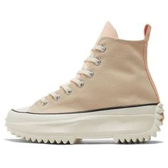 If you're looking for a sneaker that's both stylish and comfortable, you'll love the Converse Run Star Hike High 'Tri-Panel' sneaker. This platform sneaker features a poly-canvas upper with color-block design in varying tan shades. The tongue and webbing pull tab are in a pastel pink hue, adding a pop of color to this otherwise neutral sneaker. The medial side has a circular All Star patch and chrome eyelets for breathability. The black pinstripe on the stacked foam midsole contrasts nicely with Tan Shades, Converse Run Star Hike, Converse Run, Run Star Hike, Converse Run Star, Platform Sneaker, Block Design, Pull Tab, Pastel Pink