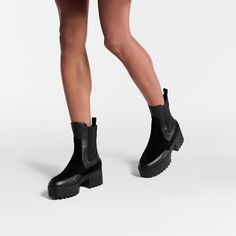 LOUIS VUITTON® - Laureate Platform Chelsea Boot - Black Black Boots With Lug Sole, Platform Chelsea Boots, Louis Vuitton Official Website, Black Chelsea Boots, Louis Vuitton Official, Black Suede, Boot Shoes Women, Smooth Leather, Chelsea Boots