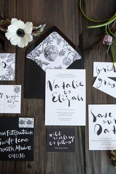 the wedding stationery was done in black and white