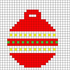 a cross stitch christmas ornament in red, yellow and green on a white background