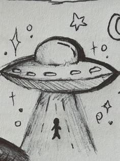 a drawing of an alien flying through the sky with a person walking in front of it