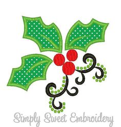 a holly berry with green leaves and polka dots on it's applique