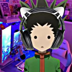 a cartoon character wearing headphones in front of a computer