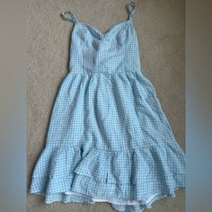 Pretty Gingham Mini With Spaghetti Straps, Ruffle Hem And Adorable Back Tie Size Xs Lined Light Blue Mini Dress With Adjustable Straps For Spring, Casual Sundress With Adjustable Straps For Picnic, Light Blue Casual Dress With Adjustable Straps, Casual Light Blue Dress With Adjustable Straps, Light Blue Spaghetti Strap Sundress Casual, Light Blue Casual Sundress With Spaghetti Straps, Casual Mini Dress With Spaghetti Straps For Picnic, Casual Spaghetti Strap Dress For Picnic, Light Blue Spaghetti Strap Mini Dress Casual