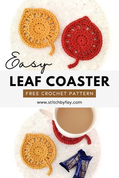 two crocheted coasters with text overlay that says easy leaf coaster free crochet pattern